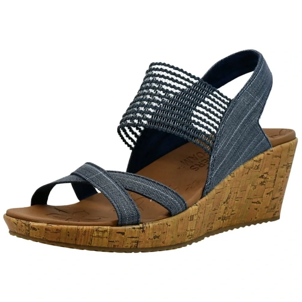 Skechers Beverlee-High Tea Luxe Foam Blue Denim Cork Heel Wedge Sandals Size 8